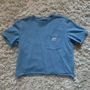 Carhartt Women’s Blue Striped Original Fit Crop Short Sleeve T Shirt Size Small